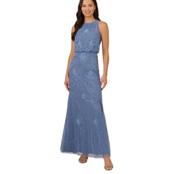 Petite Beaded Embellished Halter Gown - French Blue - 4P